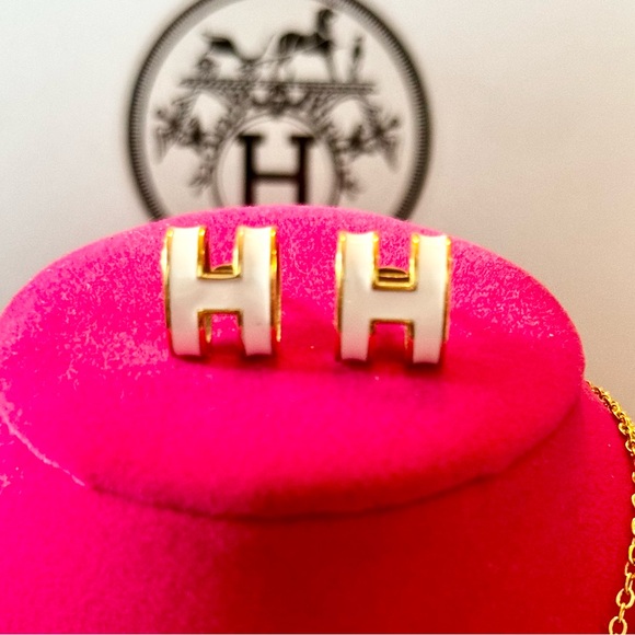 Pink, Black, White Enamel H Fashion Earrings or Necklace - Picture 5 of 8